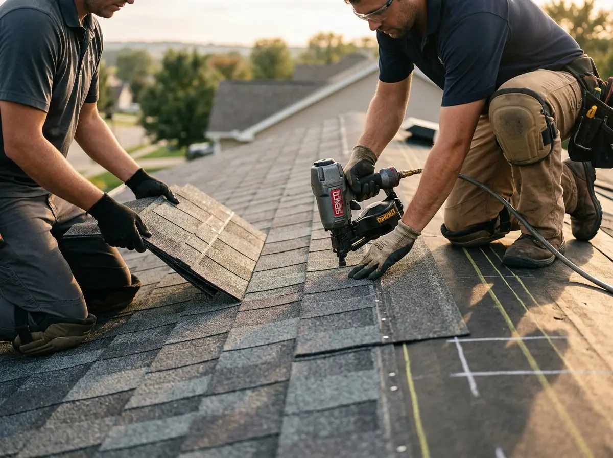 Professional roofer working on a residential roof in West Carrollton